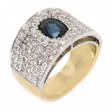 Inel retromodernist din aur galben și aur alb 18 k decorat cu safir 1.10 CTW și briliante naturale 0.74 CT | Franța cca.1960 Inel retromodernist din aur galben și aur alb 18 k decorat cu safir 1.10 CTW și briliante naturale 0.74 CT | Franța cca.1960