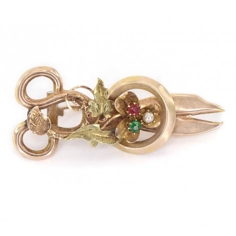 Broșă victoriană din aur 12 k inedit stilizată sub forma unui foarfece | granat dematoid, granat rodolit & perlă naturală | cca. 1870
