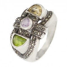 Inel Art Deco din argint decorat cu pietre naturale | peridot, citrin, ametist & marcasite | Franța Inel Art Deco din argint decorat cu pietre naturale | peridot, citrin, ametist & marcasite | Franța