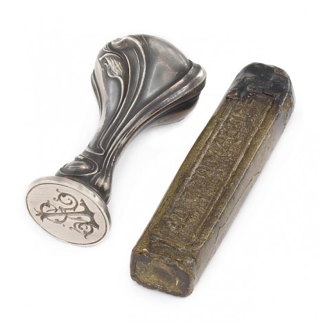 Sigiliu Art Noveau din argint însoțit de un vechi baton de ceară | monogramă RL | Franța cca. 1900 - 1910