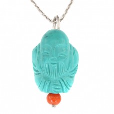 Colier cu veche amuletă chinezească sculptată în turcoaz natural | argint, turcoaz și coral natural  Colier cu veche amuletă chinezească sculptată în turcoaz natural | argint, turcoaz și coral natural