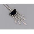 Set demi-parure stil Art Deco din argint cu obsidian, sidef natural și marcasite | cercei & colier cu pandant | cca.1960