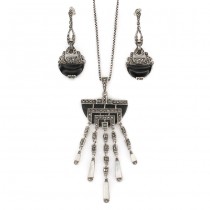 Set demi-parure stil Art Deco din argint cu obsidian, sidef natural și marcasite | cercei & colier cu pandant | cca.1960