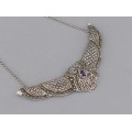 Colier vintage stil Art Deco din argint incrustat cu marcasite și anturaj de ametist 