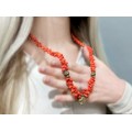 Colier vintage Etruscan Revival de coral natural și elemente din bronz | Italia cca.1950