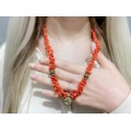 Colier vintage Etruscan Revival de coral natural și elemente din bronz | Italia cca.1950