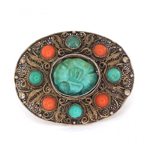 Veche broșă chinezească decorată cu turcoaze naturale și corale | argint aurit & turcoaz sculptat || cca. 1930 
