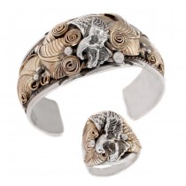  Set de bijuterii navajo din argint cu accente aurite vermeil | brățară și inel statement | artizan Allen Chee cca.1970