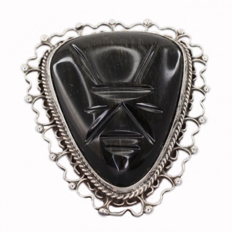 Broșă - pandant statement Aztec Revival din argint & obsidian Gold Sheen | Mexic cca.1950