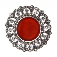 Broșă statement Art Deco din argint decorată cu agat carneol și incrustații cu marcasite | cca. 1950 Broșă statement Art Deco din argint decorată cu agat carneol și incrustații cu marcasite | cca. 1950