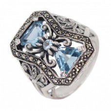 Inel vintage stil Art Deco din argint decorat cu topaze naturale și incrustații de marcasite | cca.1950  Inel vintage stil Art Deco din argint decorat cu topaze naturale și incrustații de marcasite | cca.1950
