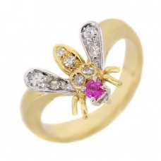 Inel din aur galben 18k decorat cu rubin natural & diamante naturale | Franța cca.1980  Inel din aur galben 18k decorat cu rubin natural & diamante naturale | Franța cca.1980