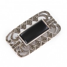Broșă vintage Art Deco din argint decorată cu onix negru & incrustații cu marcasite | cca. 1940 - 1950 Broșă vintage Art Deco din argint decorată cu onix negru & incrustații cu marcasite | cca. 1940 - 1950