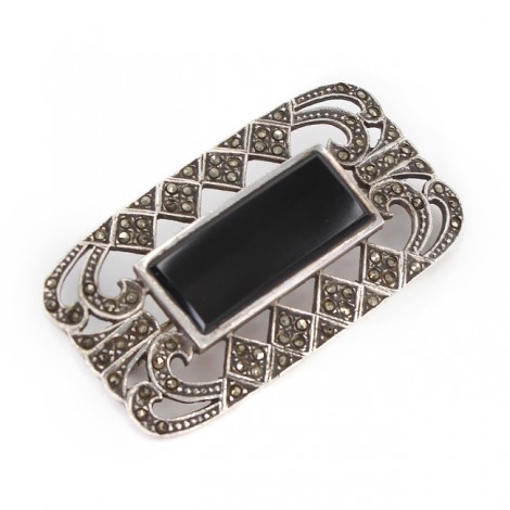 Broșă vintage Art Deco din argint decorată cu onix negru & incrustații cu marcasite | cca. 1940 - 1950