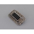 Broșă vintage Art Deco din argint decorată cu onix negru & incrustații cu marcasite | cca. 1940 - 1950