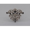 Broșă - pandant vintage Art Deco din argint decorat cu onix negru și marcasite | cca. 1940 - 1950