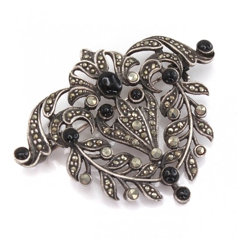 Broșă - pandant vintage Art Deco din argint decorat cu onix negru și marcasite | cca. 1940 - 1950