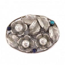 Broșă scandinavă Arts & Crafts din argint decorat cu lapis lapuzi și turcoaz natural | cca. 1920 -  Broșă scandinavă Arts & Crafts din argint decorat cu lapis lapuzi și turcoaz natural | cca. 1920 -