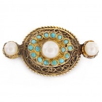 Broșă vintage chinezească din argint aurit decorată cu turcoaze naturale perle | cca. 1950