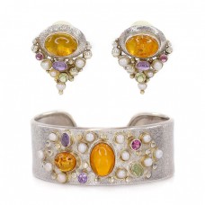 Demi-parure de bijuterii mid-century din argint decorat cu suită de pietre naturale | cercei & brățară | Austria cca.1960 Demi-parure de bijuterii mid-century din argint decorat cu suită de pietre naturale | cercei & brățară | Austria cca.1960