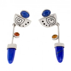 Cercei moderniști peruvieni din argint decorați cu lapis-lazului și chihlimbar natural   Cercei moderniști peruvieni din argint decorați cu lapis-lazului și chihlimbar natural
