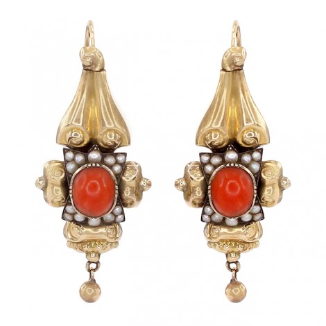 Cercei victorieni din aur 14 k decorați cu perle naturale și coral roșu | Franța cca.1870