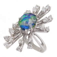Inel statement mid-century Space Age din aur alb 18k cu diamante naturale 0.82 ct și opal natural australian | cca.1960 Inel statement mid-century Space Age din aur alb 18k cu diamante naturale 0.82 ct și opal natural australian | cca.1960