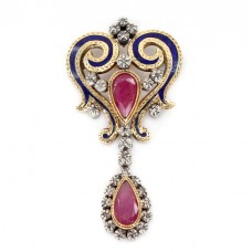Pandant - broșă victoriană din aur 18 K decorată cu rubine, email și diamante montate în argint  | Portugalia cca.1880 Pandant - broșă victoriană din aur 18 K decorată cu rubine, email și diamante montate în argint  | Portugalia cca.1880