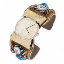 Impresionantă brățară amerindiană cu ceas | manufactură în argint aurit & emailat | turcoaze naturale | artizan E King | cca.1970