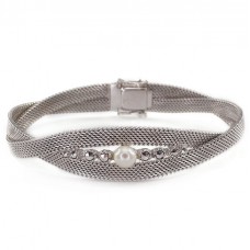 Elegantă brățară mesh din argint decorată cu perlă și incrustații de marcasite | Germania cca.1960  Elegantă brățară mesh din argint decorată cu perlă și incrustații de marcasite | Germania cca.1960
