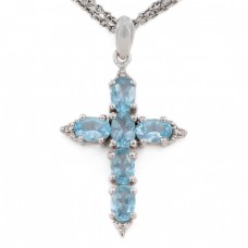 Colier cu pandant religios argint decorat cu acvamarine și diamante naturale | atelier Ultima Edizione | Italia cca.1990  Colier cu pandant religios argint decorat cu acvamarine și diamante naturale | atelier Ultima Edizione | Italia cca.1990