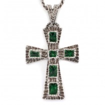 Colier religios accesorizat cu o cruce statement din argint texturat și decorat cu email verde | Italia cca. 1950 - 1960