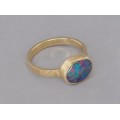 Inel din aur 14 k decorat cu un spectaculos Opal Natural Blue Harlequin | manufactură de atelier ArtAntik Gallery 