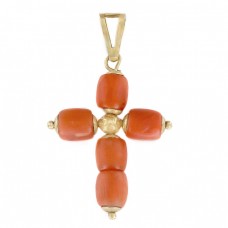 Pandant cruciuliță din aur 18 k decorată cu anturaje coral roșu natural | Italia cca.1970 Pandant cruciuliță din aur 18 k decorată cu anturaje coral roșu natural | Italia cca.1970