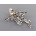 Broșă statement japoneză din argint decorată cu perle naturale Akoya | cca. 1950 - 1970