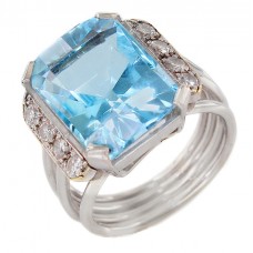 Inel cocktail Art Deco din aur alb 18K decorat cu topaz albastru natural 16.70 CT și diamante naturale 0.50 CT  Inel cocktail Art Deco din aur alb 18K decorat cu topaz albastru natural 16.70 CT și diamante naturale 0.50 CT