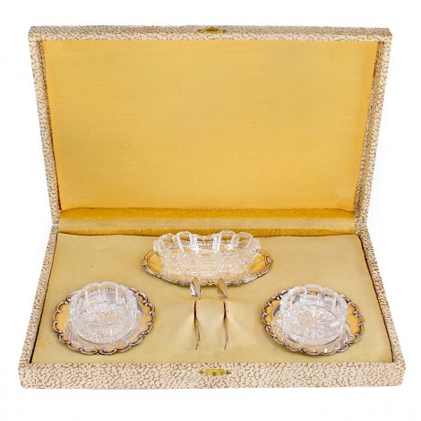 Serviciu din argint și cristal pentru condimente șu caviar | cutie de prezentare originală | Italia cca. 1945