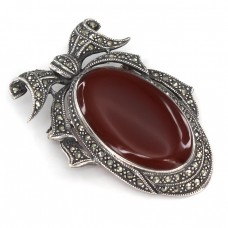 Broșă vintage stil Art Deco din argint cu agat carneol și incrustații de marcasite | Austria cca. 1950 -1960 Broșă vintage stil Art Deco din argint cu agat carneol și incrustații de marcasite | Austria cca. 1950 -1960