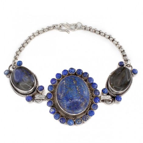 Impresionantă brățară etnică indiană decorată cu lapis lazuli și labradorit natural | cca. 1950 - 1960