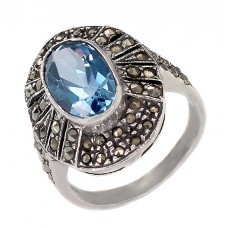 Inel vintage stil Art Deco din argint decorat cu topaz natural & incrustații de marcasite | cca. 1950 Inel vintage stil Art Deco din argint decorat cu topaz natural & incrustații de marcasite | cca. 1950