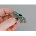 Broșă Art Deco din argint decorată cu onix verde, onix negru| & incrustații de marcasite | Austria cca. 1940 - 1950