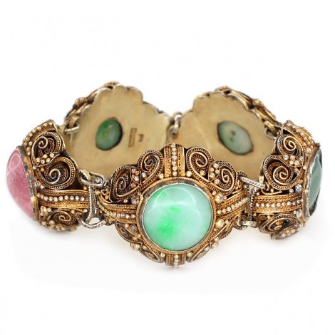 Veche brațară chinezească din argint aurit decorată cu jad natural, aventurin imperial și cuarț roșu | cca. 1930 - 1950