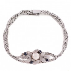 Elegantă brățară din argint decorată cu perlă  naturală de cultură și tanzanite albastre | Germania cca. 1960 Elegantă brățară din argint decorată cu perlă  naturală de cultură și tanzanite albastre | Germania cca. 1960