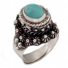 Inel mexican Poison Ring manufacturat în argint decorat cu turcoaz natural | Taxco cca. 1950 Inel mexican Poison Ring manufacturat în argint decorat cu turcoaz natural | Taxco cca. 1950
