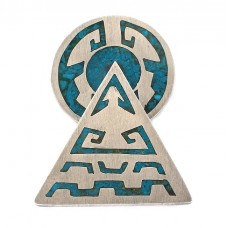Pandant - broșă Aztec Revival din argint intarsiat cu mozaic de turcoaz natural | Mexic cca. 1960 Pandant - broșă Aztec Revival din argint intarsiat cu mozaic de turcoaz natural | Mexic cca. 1960
