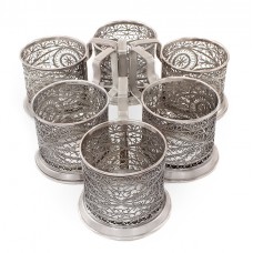 Set de 6 suporturi Podstakannik  pentru pahare de ceai |  cupru argintat & filigranat | atelier Mstera - Rusia cca.1955 Set de 6 suporturi Podstakannik  pentru pahare de ceai |  cupru argintat & filigranat | atelier Mstera - Rusia cca.1955