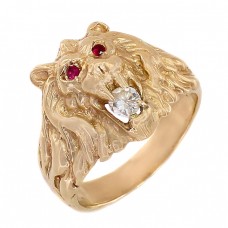 Inel vintage unisex din aur galben 14 k decorat cu un diamant natural și rubine naturale | Statele Unite | cca. 1960 Inel vintage unisex din aur galben 14 k decorat cu un diamant natural și rubine naturale | Statele Unite | cca. 1960