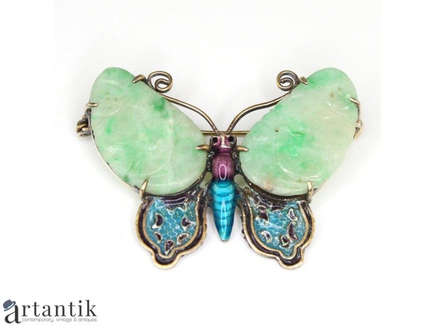 Suppression specify Th veche brosa cloisonne, jad natural & argint vermeil. China cca 1920