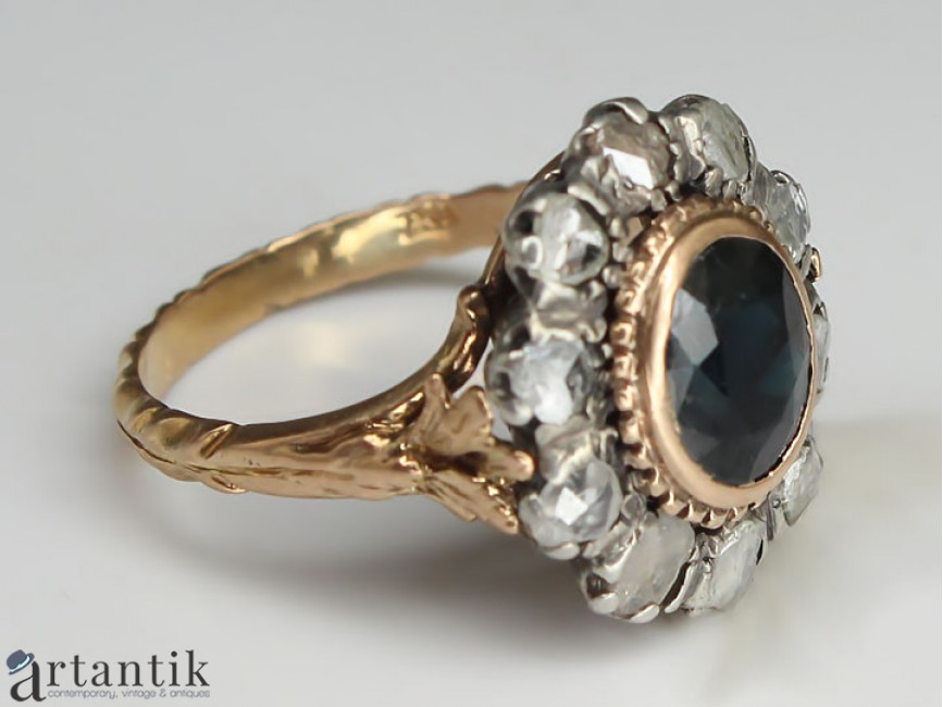 oil Show Nonsense inel " Victorian Revival " din aur si argint - safir 1.5ct si diamante 1ctw - Italia anii' 40 oil Show Nonsense inel " Victorian Revival " din aur si argint - safir 1.5ct si diamante 1ctw - Italia anii' 40